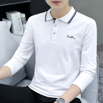 高品质刺绣男翻领长袖t恤男装潮
