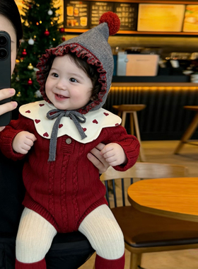 婴儿连体衣红色春装喜庆套装男女宝宝衣服哈衣百天新年拜年服春秋