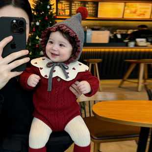 婴儿连体衣红色春装喜庆套装男女宝宝衣服哈衣百天新年拜年服春秋