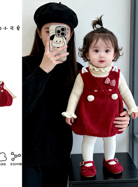 宝宝连衣裙套装加绒婴儿裙子红色过年衣服新年装女童公主裙冬装