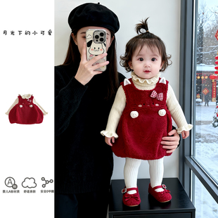女童公主裙冬装 宝宝连衣裙套装 加绒婴儿裙子红色过年衣服新年装
