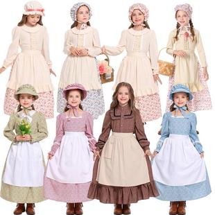 欧洲中世纪田园碎花裙儿童农场女仆服装英国平民老奶奶农妇扮演服