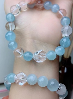 天然海蓝宝手链白水晶女款单圈海蓝宝手链送女友闺蜜生日礼物