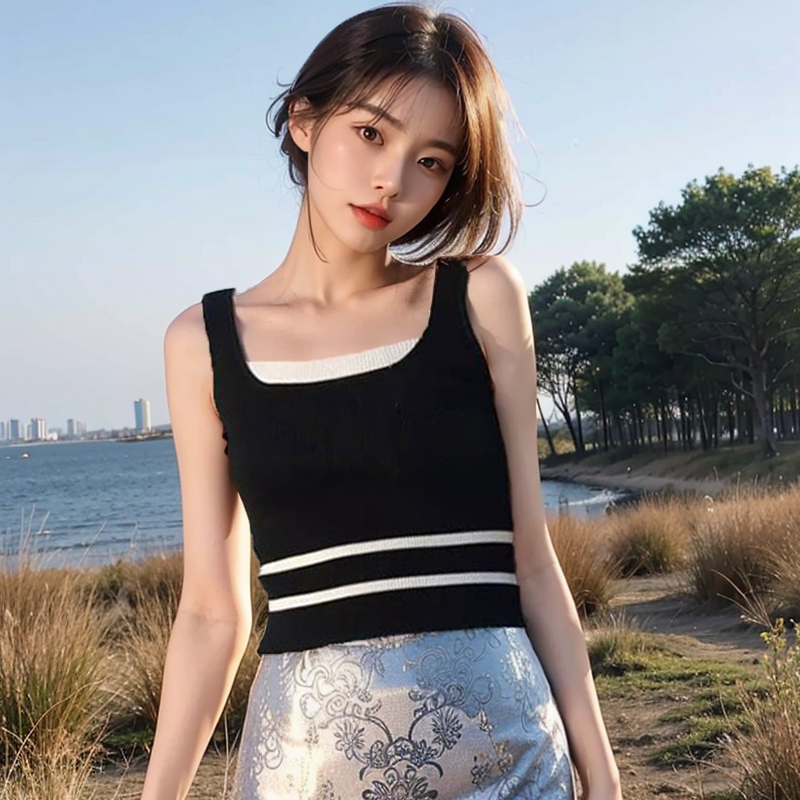 拼接假两件上衣女夏季新款无袖针织吊带小背心短款内搭外穿打底衫