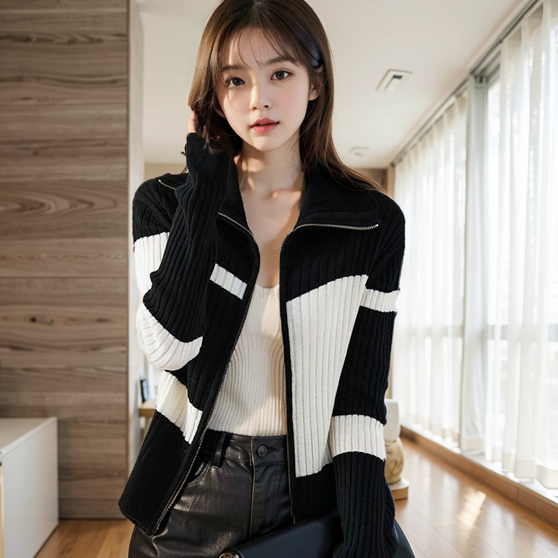 黑白撞色针织开衫女春秋季新款毛衣外套气质修身显瘦v领拉链上衣