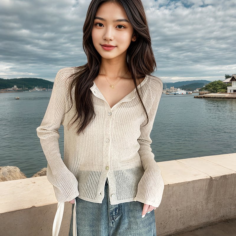 镂空长袖针织开衫天丝亚麻外套女
