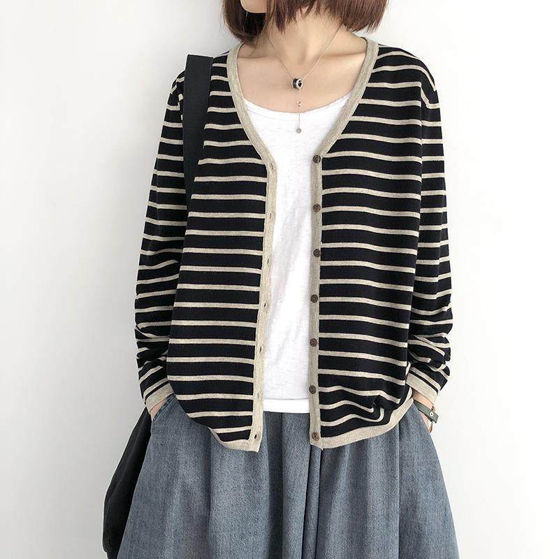 《专柜大码》针织开衫春秋新款宽松外套V领横条纹外搭间色上衣女,女装/女士精品,毛针织衫,淘宝优惠券,粉丝福利购,淘宝优惠卷