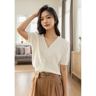 法式小香风白色v领开衫短袖t恤女春夏季新款收腰显瘦短款外套上衣