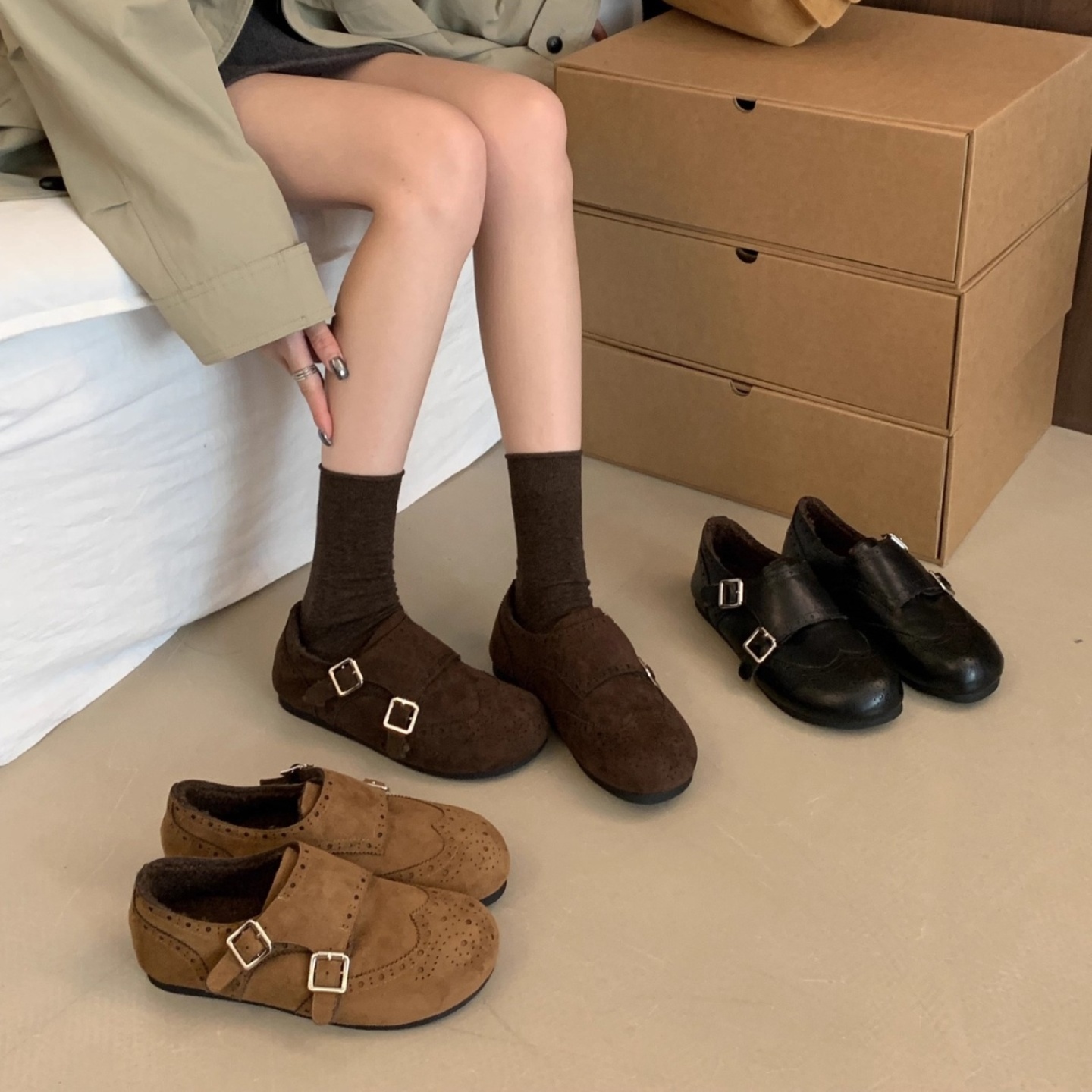 英伦风雕花加绒勃肯鞋乐福小皮鞋