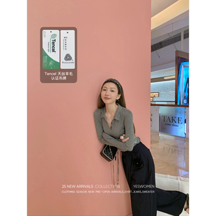 灰色长袖 现货秒杀 T恤女上衣 收腰修身 新款 天丝羊毛polo衫 ·秋季