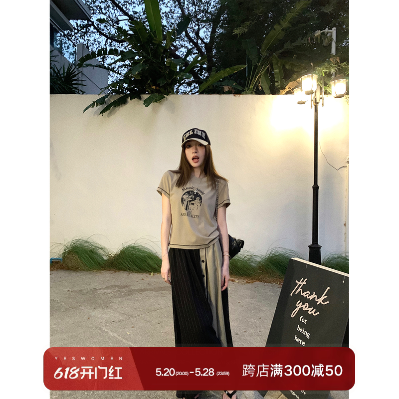 小宜定制松弛CP组·美式复古短袖t恤女新款上衣夏装搭配一整套裙-封面