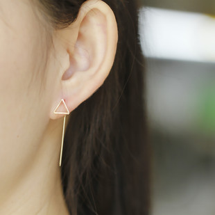 极简   几何镂空高端铜材三角圆形长针耳钉女