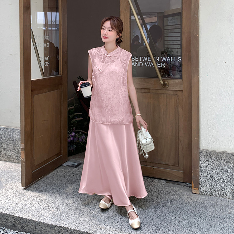 新中式国风提花马甲吊带连衣裙套装女夏2025新款爆款超火绝美长裙,女装套装/套裙,2C006