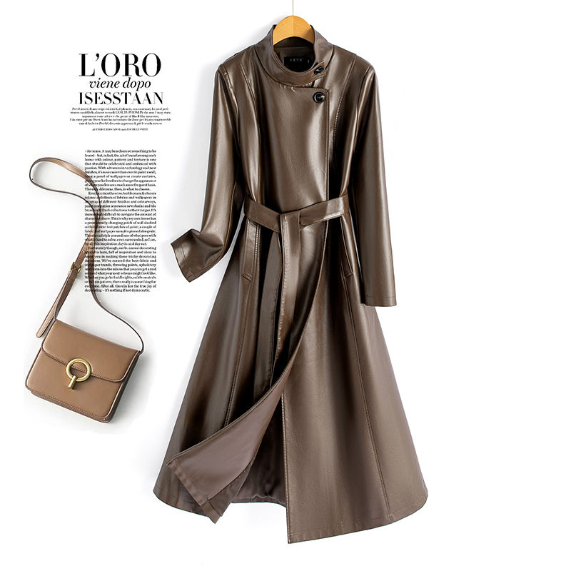 海宁绵羊皮中长款收腰皮风衣外套