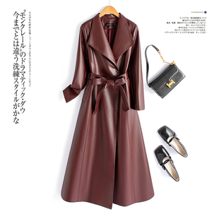 海宁真皮皮衣女中长款 皮大衣外套 过膝系带绵羊皮风衣收腰显瘦韩版