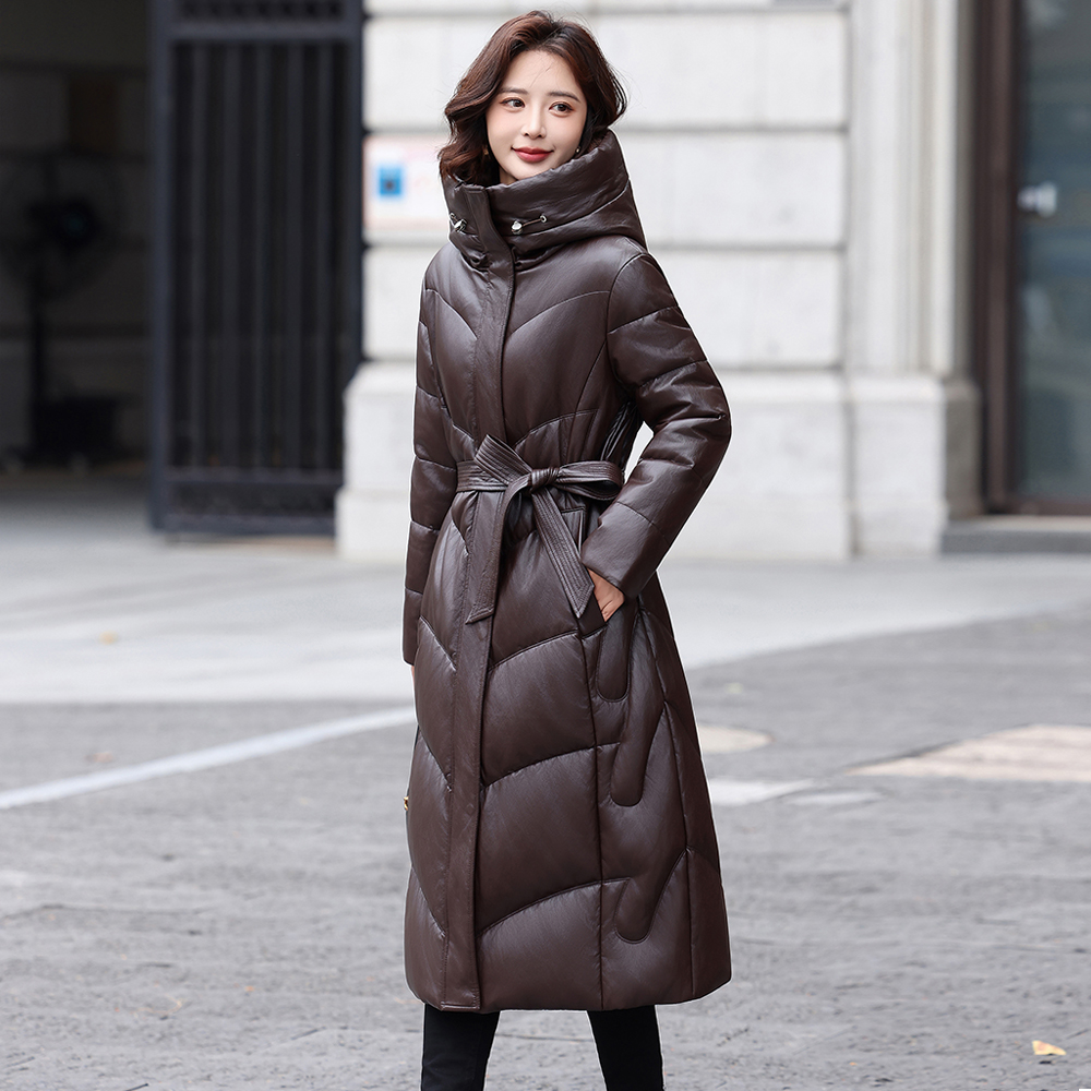 真皮羽绒服女中长款绵羊皮白鸭绒