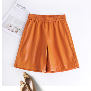 海宁真皮皮裤女绵羊皮高腰百搭简约阔腿2025秋新款中裤五分皮短裤