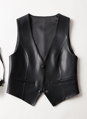 2025秋冬新款真皮马甲女绵羊皮V领修身短款无袖马夹休闲百搭背心