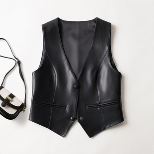 无袖 短款 马夹休闲百搭背心 真皮马甲女绵羊皮V领修身 2025秋冬新款