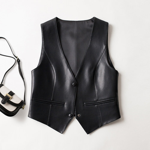 2025秋冬新款真皮马甲女绵羊皮V领修身短款无袖马夹休闲百搭背心