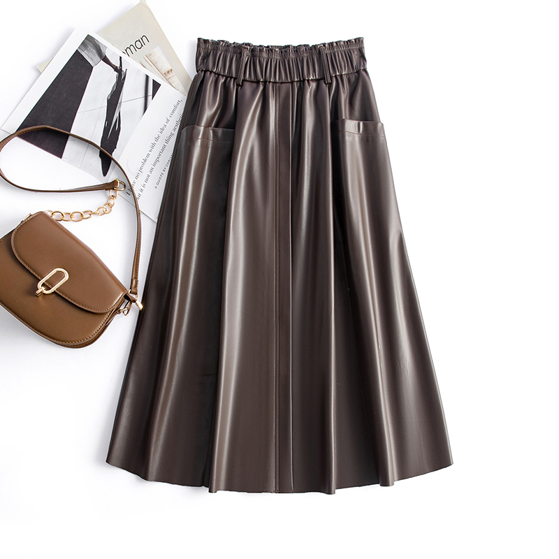 真皮皮裙女中长款半身裙高腰裙摆