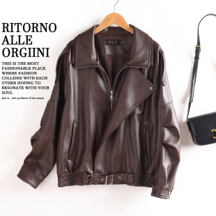 海宁真皮皮衣女泡皮绵羊皮外套2025秋季 宽松廓形休闲机车夹克 新款