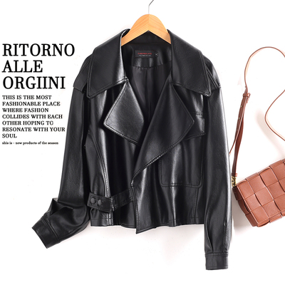 真皮皮衣女短款宽松时尚皮夹克潮