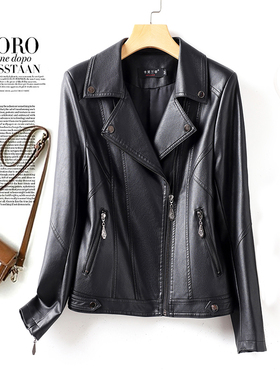 2025年季秋新款海宁真皮皮衣女短款时尚黑色绵羊皮机车外套小夹克