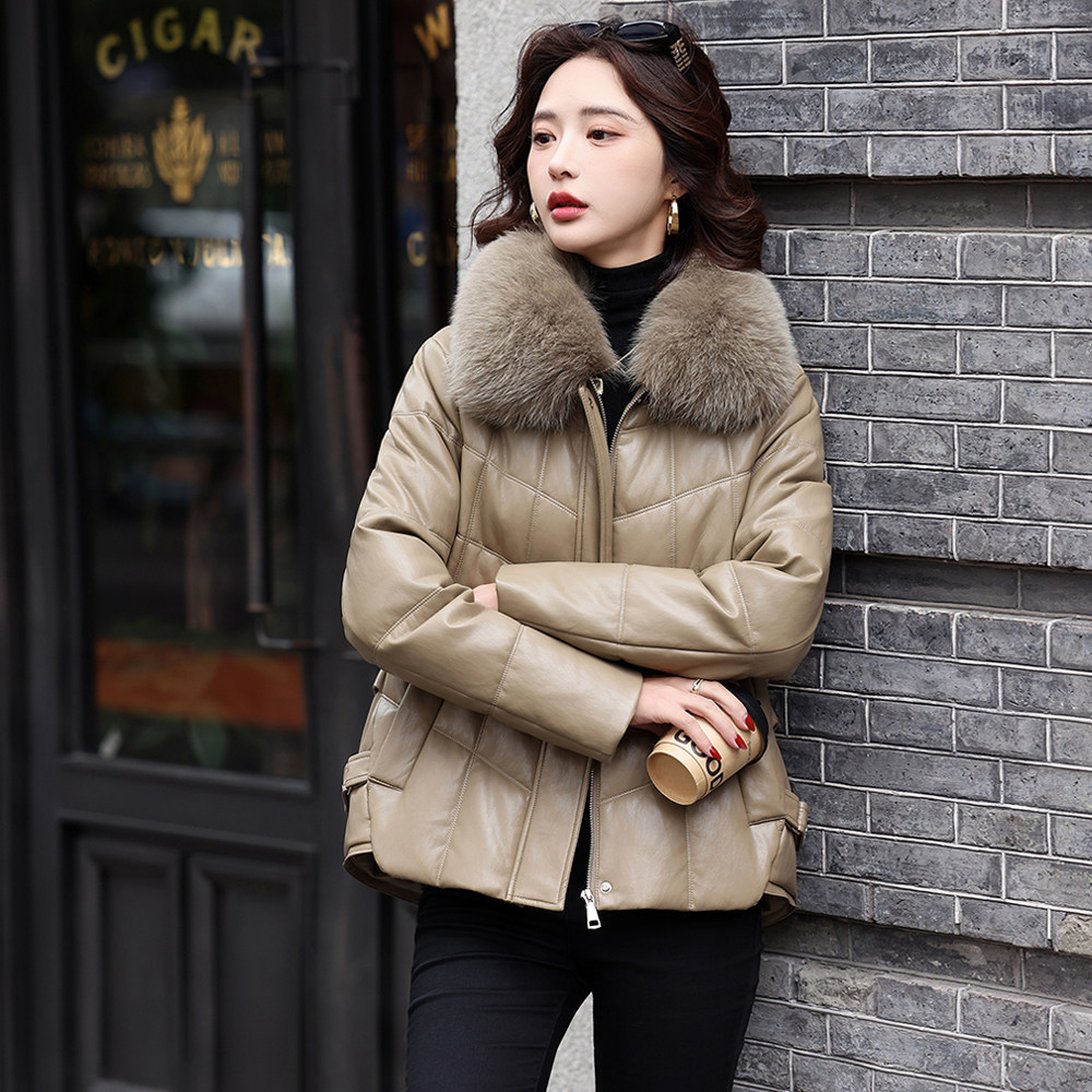 真皮羽绒服女短款2025新冬韩版宽松显瘦狐狸毛领海宁绵羊皮衣外套