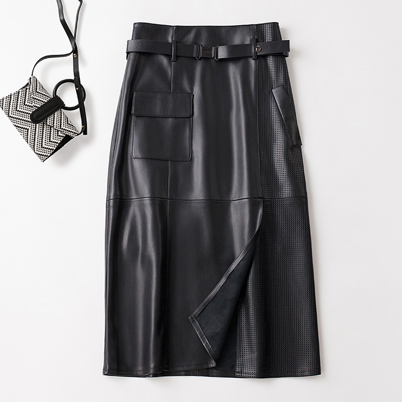 不规则海宁真皮皮裙女包臀半身裙
