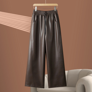 海宁新款真皮皮裤女绵羊皮松紧腰阔腿裤韩版长裤直筒裤显瘦休闲裤