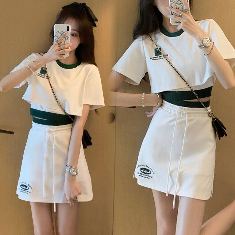 辣妹休闲时尚套装女夏季刺绣短袖上衣拼接背心内搭半身短裙三件套