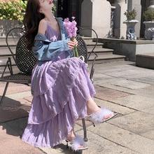 淡紫色法式吊带连衣裙女夏季新款茶歇桔梗小个子显瘦蛋糕裙长裙子