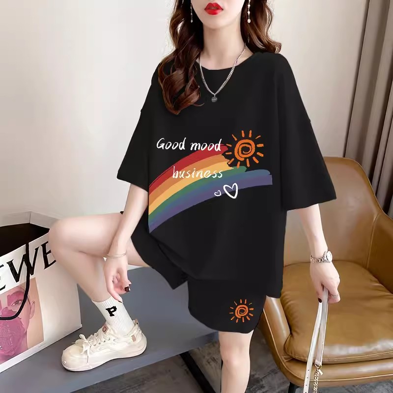 大码胖mm两件套纯棉短袖短裤套装