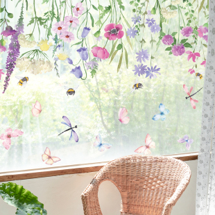 Funlife《春野夏踪》法式自然花卉彩蝶田园飘窗静电吸附玻璃贴纸