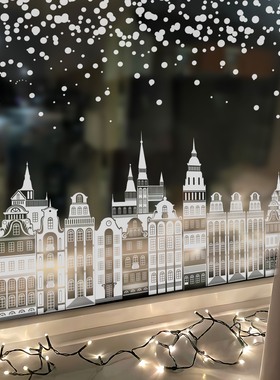 Merry Christmas!复古白色圣诞城市街景艺术插画静电膜窗贴