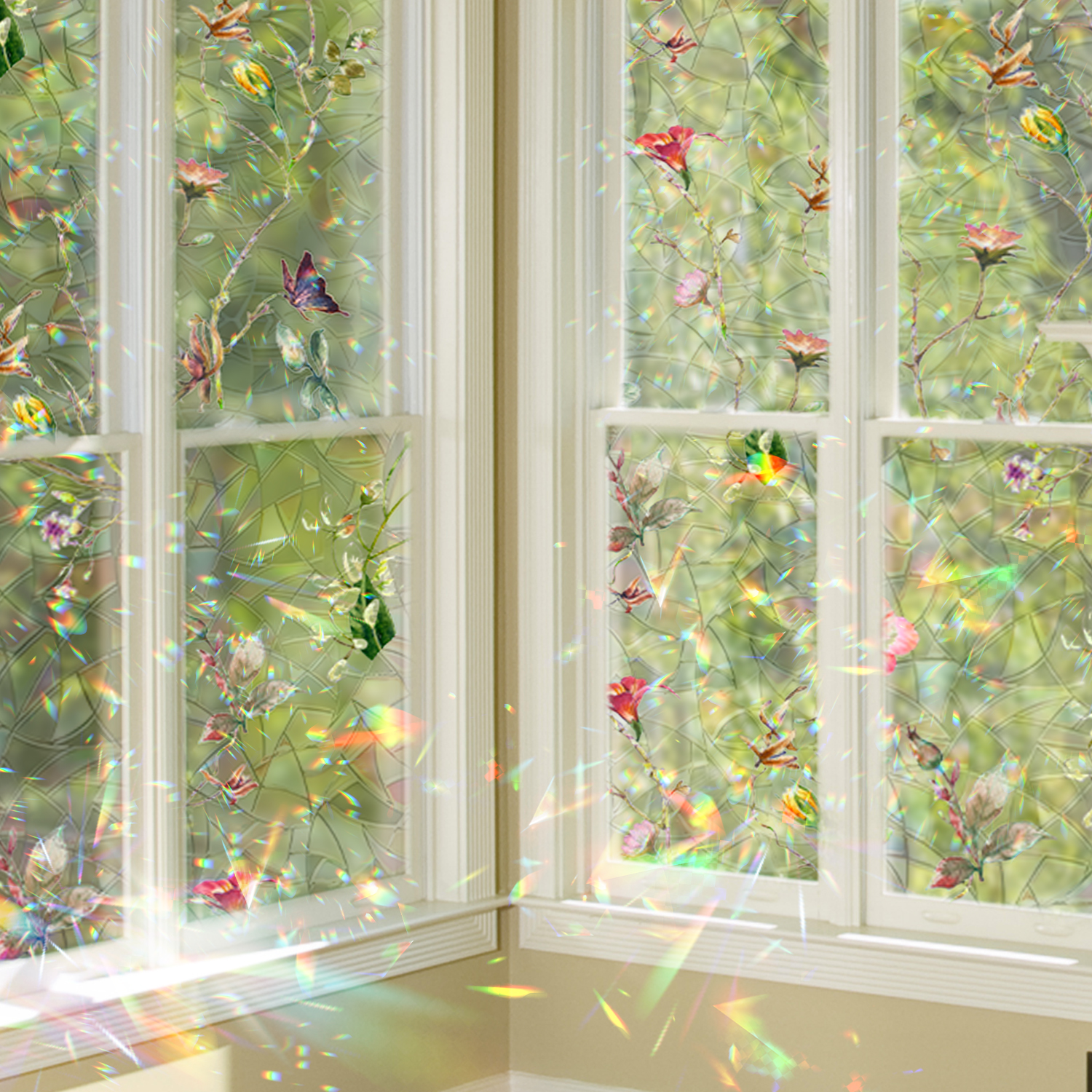 Funlife法式植物镭射静电窗贴纸