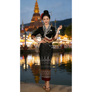 傣王妃新款傣族传统服女傣泐复古重工款系带黑色中袖筒裙原创设计