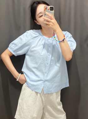 日系单排扣复古女装麻混纺泡泡袖衬衫圆领短袖衬衣打褶上衣475655