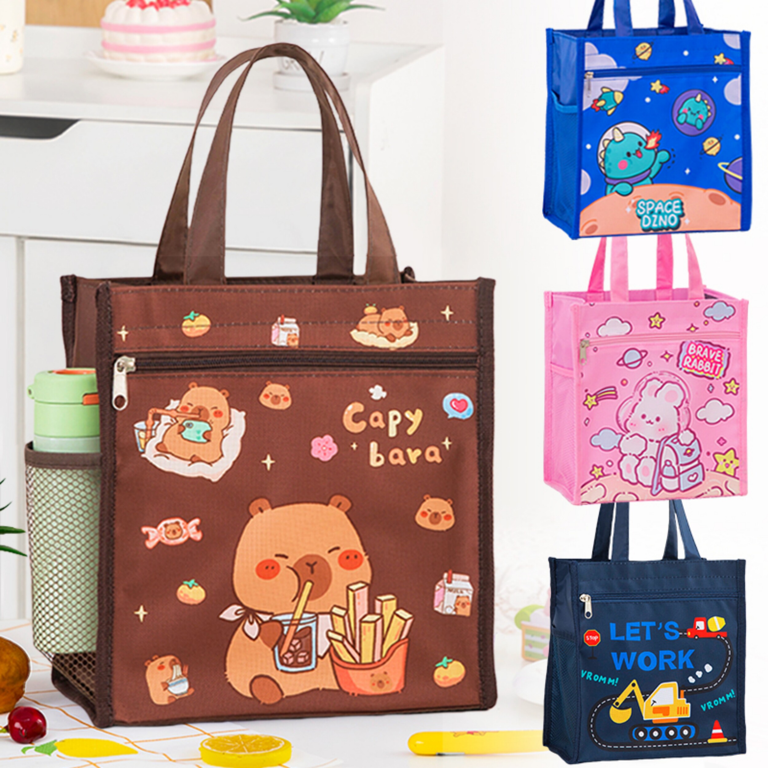 可爱卡通手拎饭盒袋子小学生手提包大号儿童专用午餐盒防水便当包