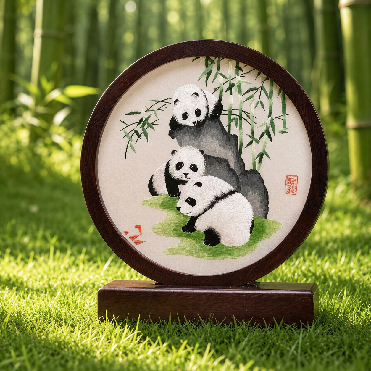 成都纪念品蜀绣双面手工绣摆件