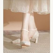 包头凉鞋 2026夏季 女主婚纱鞋 新娘婚鞋 法式 伴娘鞋 一字带粗跟高跟鞋