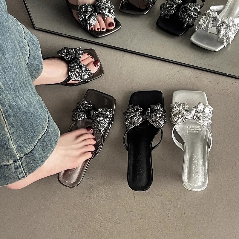 2025年小众设计高级蝴蝶结夏季新款时尚百搭舒适高跟爆款凉拖-5CM