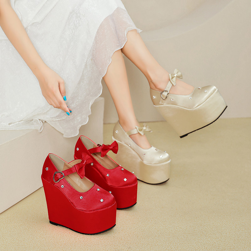 Giày cao gót nữ đế xuồng platform màu đỏ pha lê, gót 15 cm, phong cách Trung Hoa — Mơ 10cm, Mơ 15cm, Đỏ 10cm, Đỏ 15cm