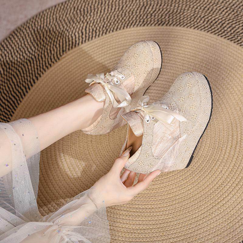 Giày cao gót nữ đế xuồng platform buộc dây, gót 15 cm — Mơ 10cm, Mơ 15cm
