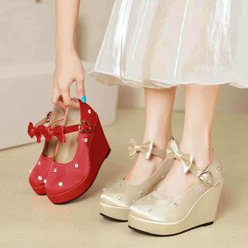 Giày cao gót nữ đế xuồng platform màu đỏ pha lê, gót 15 cm, phong cách Trung Hoa — Mơ 10cm, Mơ 15cm, Đỏ 10cm, Đỏ 15cm