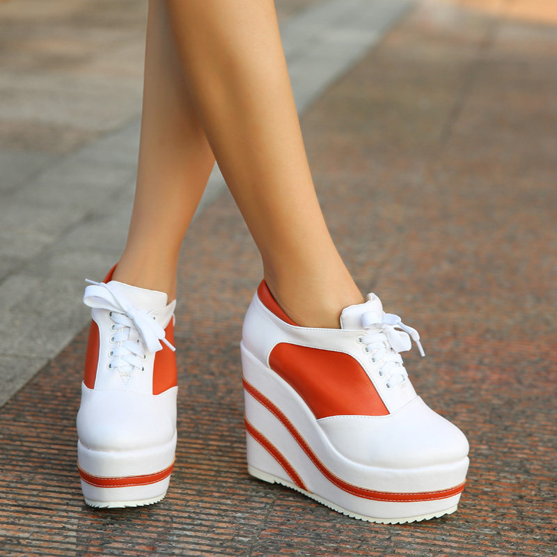 Giày sneaker nữ chunky đế dày 15 cm buộc dây, phong cách casual thu đông — 10cm màu cam trắng, 12CM đen trắng, 12cm màu cam trắng, 15CM đen trắng