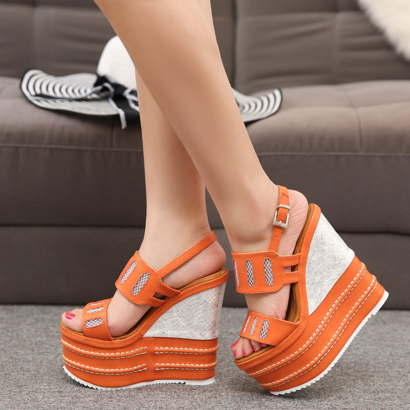 Giày cao gót nữ đế xuồng platform siêu cao 16 cm, mũi nhọn, chất liệu lưới thoáng khí — màu cam, đen