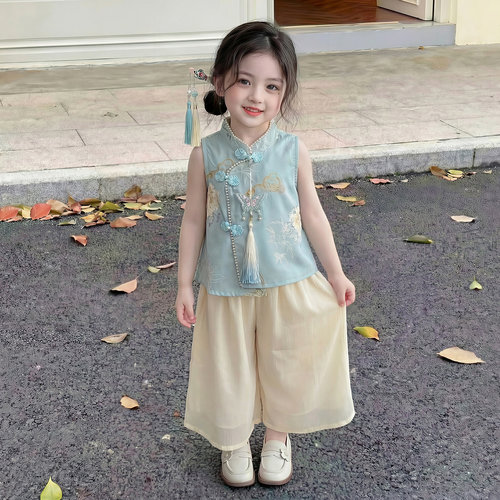 女童夏装套装2026新款儿童洋气国风背心女孩夏季阔腿裤汉服两件套