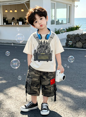 男童夏季套装2026新儿童衣服宝宝迷彩短袖t恤工装短裤两件套帅气